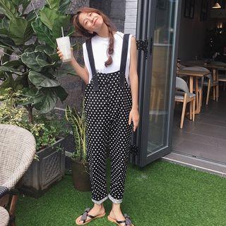 Sleeveless Plain Top / Dotted Pinafore Jumpsuit