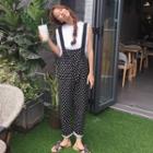 Sleeveless Plain Top / Dotted Pinafore Jumpsuit