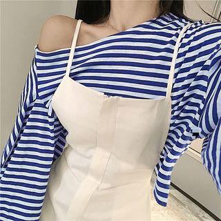 Striped Off-shoulder Long-sleeve Loose-fit Top / Slim-fit Jumper Shorts