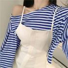 Striped Off-shoulder Long-sleeve Loose-fit Top / Slim-fit Jumper Shorts