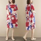 Short-sleeve Floral Print A-line Dress Red & Blue & White - One Size