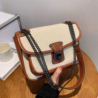 Faux Leather Panel Linen Top Handle Crossbody Bag