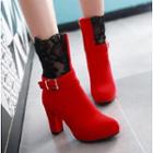 Chunky-heel Lace Panel Mid-calf Boots