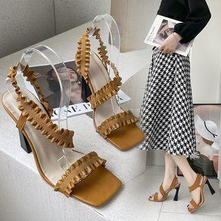 Chunky Heel Square-toe Ruffled Sandals