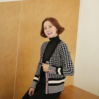 V-neck Houndstooth Cardigan Black - One Size
