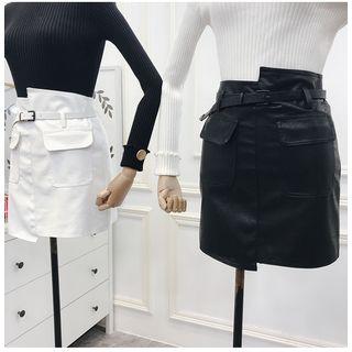 Faux Leather Asymmetric Pencil Skirt With Belt