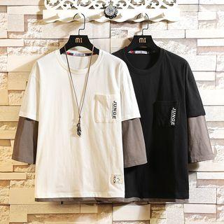 Lettering Mock Two-piece 3/4-sleeve T-shirt