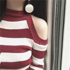Long-sleeve Cold-shoulder Striped Knit Top