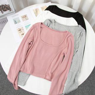 Square-neck Plain Long-sleeve T-shirt