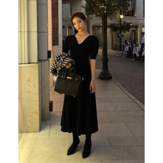 Puff-sleeve A-line Maxi Knit Dress