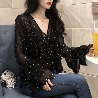 Dotted V-neck Bell-sleeve Top