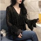 Dotted V-neck Bell-sleeve Top