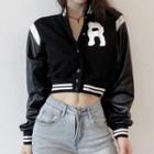 Long-sleeve Letter Print Faux Leather Panel Cropped Baseball Jacket