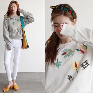 Shirred-sleeve Flower Embroidered Sweatshirt