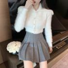 Collared Cropped Cardigan / Lace Trim Mini Pencil Furry Skirt