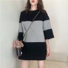 Two-tone 3/4-sleeve Mini Pullover Dress Black & Gray - One Size