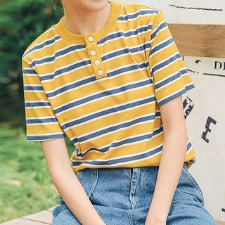 Short-sleeve Striped Buttoned Placket T-shirt