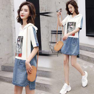 Cat Print Short-sleeve Hooded Dress