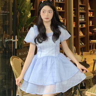 Puff-sleeve Square Neck Ruffle Trim Plaid Mini A-line Dress