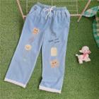 Bear Embroidered Straight Leg Jeans Blue - One Size