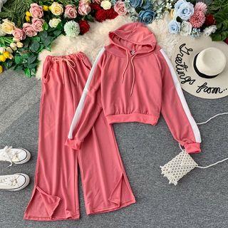 Set: Color-panel Hoodie + Wide-leg Sweatpants