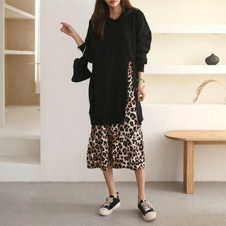 Inset Hooded Slit-front Pullover Patterned Skirt