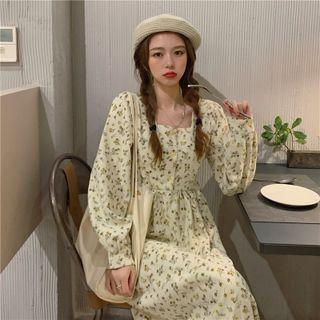 Long-sleeve Floral Midi A-line Dress Floral - Beige - One Size