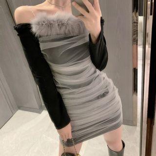 Long-sleeve Cold-shoulder Mesh Overlay Mini Dress Black - One Size
