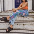 Flower Print Two-tone High-waist Boot-cut Jeans