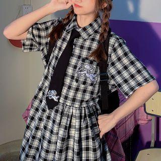 Applique Plaid Short-sleeve Shirtdress Black & White - One Size