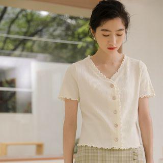 Lettuce Edge Short-sleeve Cropped Knit Top Off-white - One Size