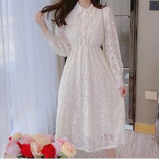 Long-sleeve Beaded Trim Lace A-line Dress