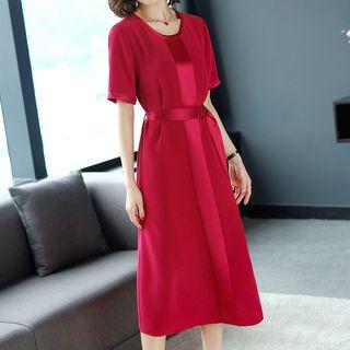 Short-sleeve Sashed Midi Dress