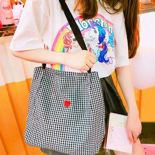 Plaid Heart Embroidered Tote