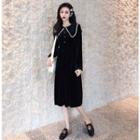 Faux-pearl Color-block Long-sleeve Dress Black - One Size