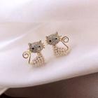 Rhinestone Faux Pearl Cat Earring 1 Pair - White - One Size