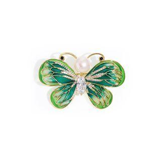 Elegant Temperament Enamel Green Butterfly Freshwater Pearl Brooch With Cubic Zirconia Golden - One Size