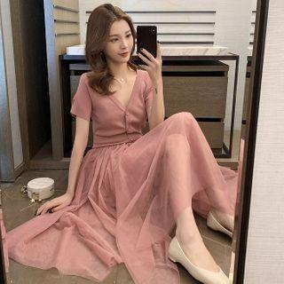 Short-sleeve Knit Panel Midi Mesh Dress