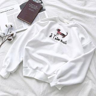 Puppy Embroidered Crewneck Suede Long-sleeve Top