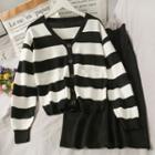 Set: Striped Loose-fit Cardigan + High-waist Midi Skirt Black - One Size