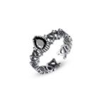 925 Sterling Silver Vintage Elegant Hollow Pattern Water Drop-shaped Black Cubic Zirconia Adjustable Open Ring Silver - One Size