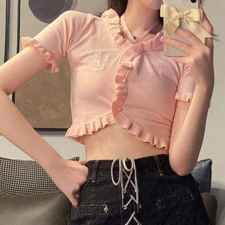 Short-sleeve Ruffled Cropped Top Pink - One Size
