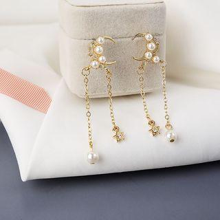 Faux Pearl Alloy Moon & Star Fringed Earring 1 Pair - 719 - Earrings - One Size