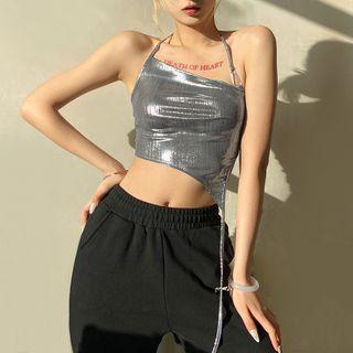Halter-neck Lace-up Back Cropped Camisole Top