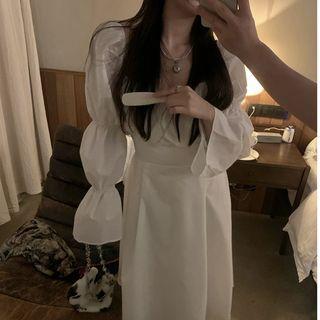 Bell-sleeve Open-back Midi Smock Dress
