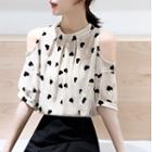 Elbow-sleeve Cold-shoulder Heart Pattern Blouse