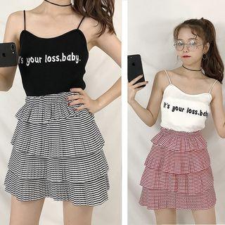 Lettering Knit Camisole / Plaid Tiered Mini Skirt