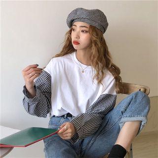 Plaid-sleeve T-shirt White - One Size