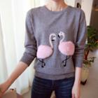Flamingo Pattern Wool Blend Knit Top