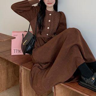 Long-sleeve Corduroy Knit Panel A-line Dress